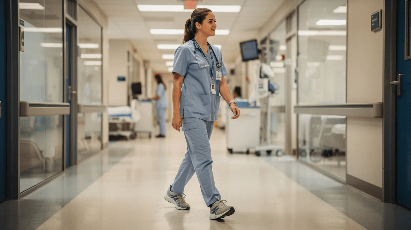 A young healthcare professional in scrubs is walking through a modern hospital hallway, embodying the dedication required for a successful career in podiatric medicine. This scene highlights the commitment to patient care and the training involved in residency programs, essential steps for podiatrists aiming to establish their own successful practice.