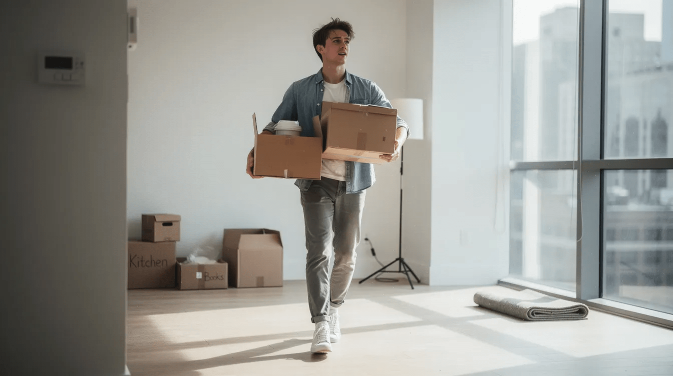 A young PA is seen carrying moving boxes into an empty apartment, symbolizing the transition into a new chapter of life, perhaps as they embark on their PA career after completing PA school. This moment reflects the hard work and dedication required in the medical field, where they will soon contribute to patient care and potentially earn a good income in their first job as a physician assistant.