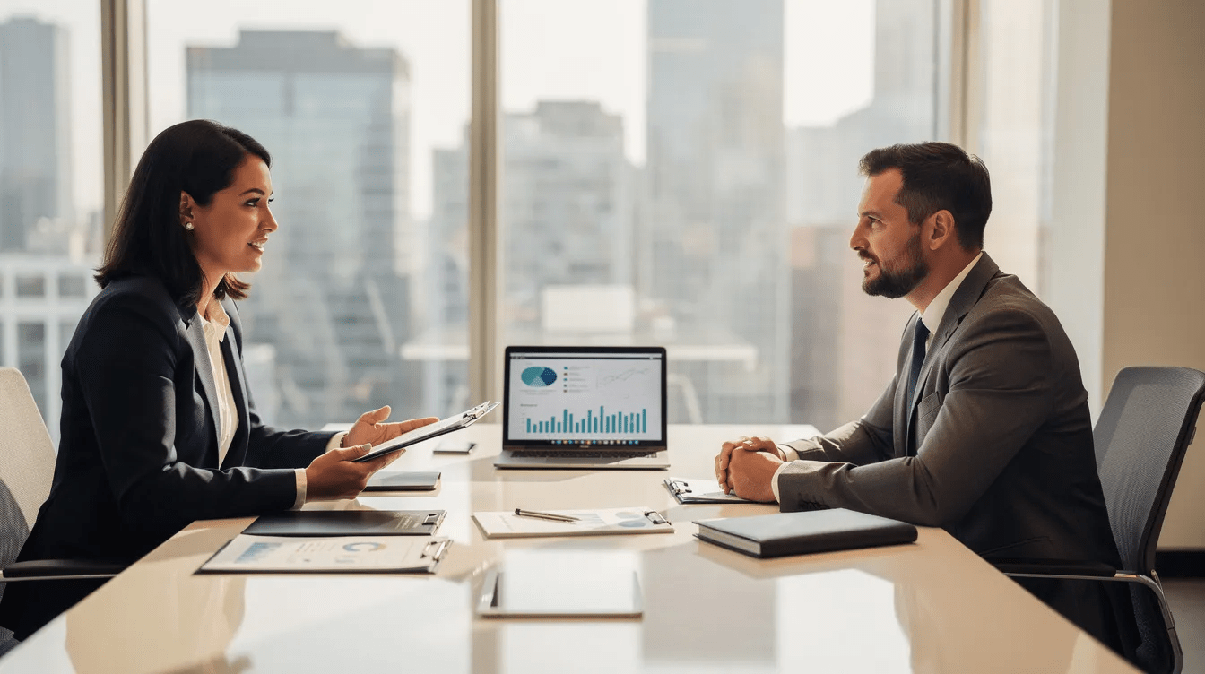 The image depicts a professional meeting between a financial advisor and a healthcare professional in an office setting, discussing strategies for managing student loan debt, including options for public service loan forgiveness and income-driven repayment plans. The advisor is providing insights on how to lower monthly payments and save money on federal loans while planning for a debt-free financial future.