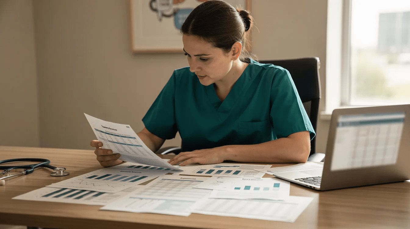 A healthcare professional in scrubs is seated at a desk, intently reviewing financial documents. 
