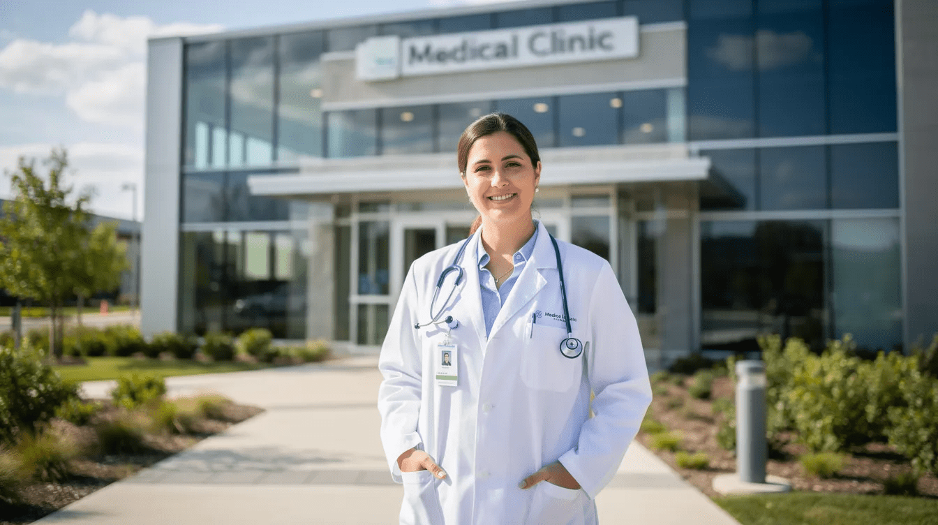 A confident medical professional stands outside a modern clinic building, showcasing their commitment to patient care in the field of podiatric medicine. This image highlights the importance of residency programs and training for those pursuing a successful podiatry practice.
