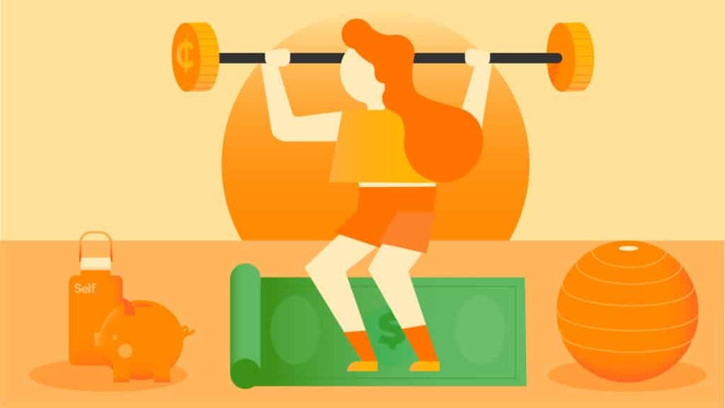 Illustration of a person lifting a barbell with dollar signs as weights, standing on a dollar bill, surrounded by a piggy bank, water bottle, mat, and exercise ball.