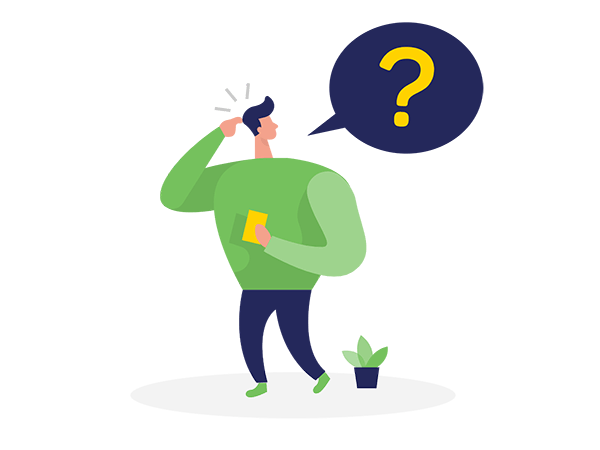 Illustration of a person with a green shirt, holding a yellow object, and scratching their head, with a speech bubble containing a yellow question mark above.