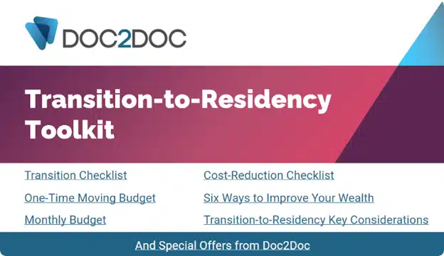 Image of a Doc2Doc flyer titled "Transition-to-Residency Toolkit" with links to various resources, including checklists, budgets, and wealth improvement tips.