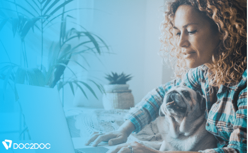 Veterinarian at home researching loan options