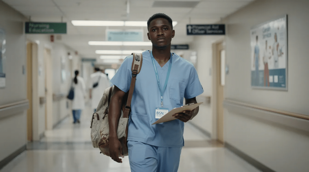 A black smiling male nursing student carrying a backpack walks through a hospital corridor, symbolizing the journey of those enrolled in a BSN program. This image reflects the commitment of future healthcare professionals as they navigate their education and the financial challenges of pursuing a BSN degree while balancing career advancement opportunities.