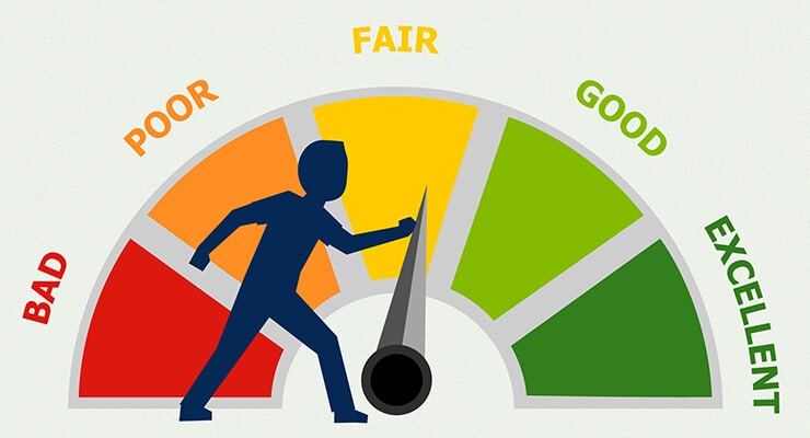 A silhouette of a person moves the dial on a semicircular gauge from "fair" towards the "good" section, with sections labeled from "bad" to "excellent" in increasing order.