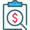Icon of a clipboard with a magnifying glass over a dollar symbol, indicating financial analysis or investment review.