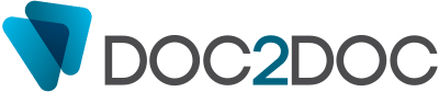 Logo for DOC2DOC featuring stylized blue and teal triangular shapes on the left with the text "DOC2DOC" in gray and blue on the right.