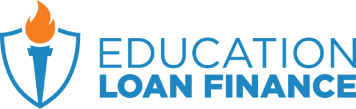 Logo of Education Loan Finance featuring a shield with a torch on the left and the company's name in blue text on the right.