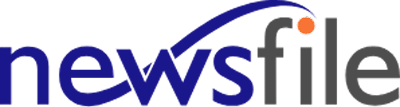 The image shows the logo of Newsfile, featuring the word "newsfile" with a blue swoosh and an orange dot over the letter "i".