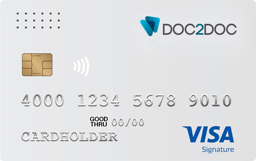Image of a silver credit card with "Doc2Doc" logo, a chip, and contactless symbol. The card displays placeholder text for the card number, expiration date, and cardholder name. It is a Visa Signature card.