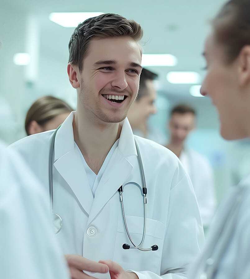 Male doctor in a white coat, smiling and conversing with a colleague in a hospital setting, with other medical professionals in the background.